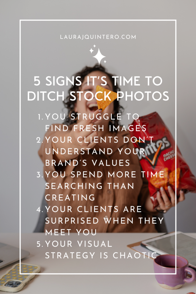 a cute curly haired latina joyfully eats doritos. text is overlayed, listing 5 signs it is time to ditch stock photos