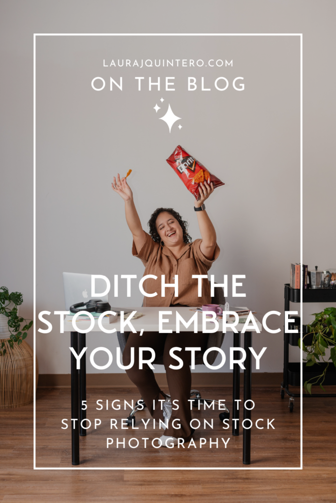 a woman with brown hair and a brown button shirt dances with doritos in hand. the text on the image says "ditch the stock, embrace your story: 5 signs it's time to stop relying on stock photography"