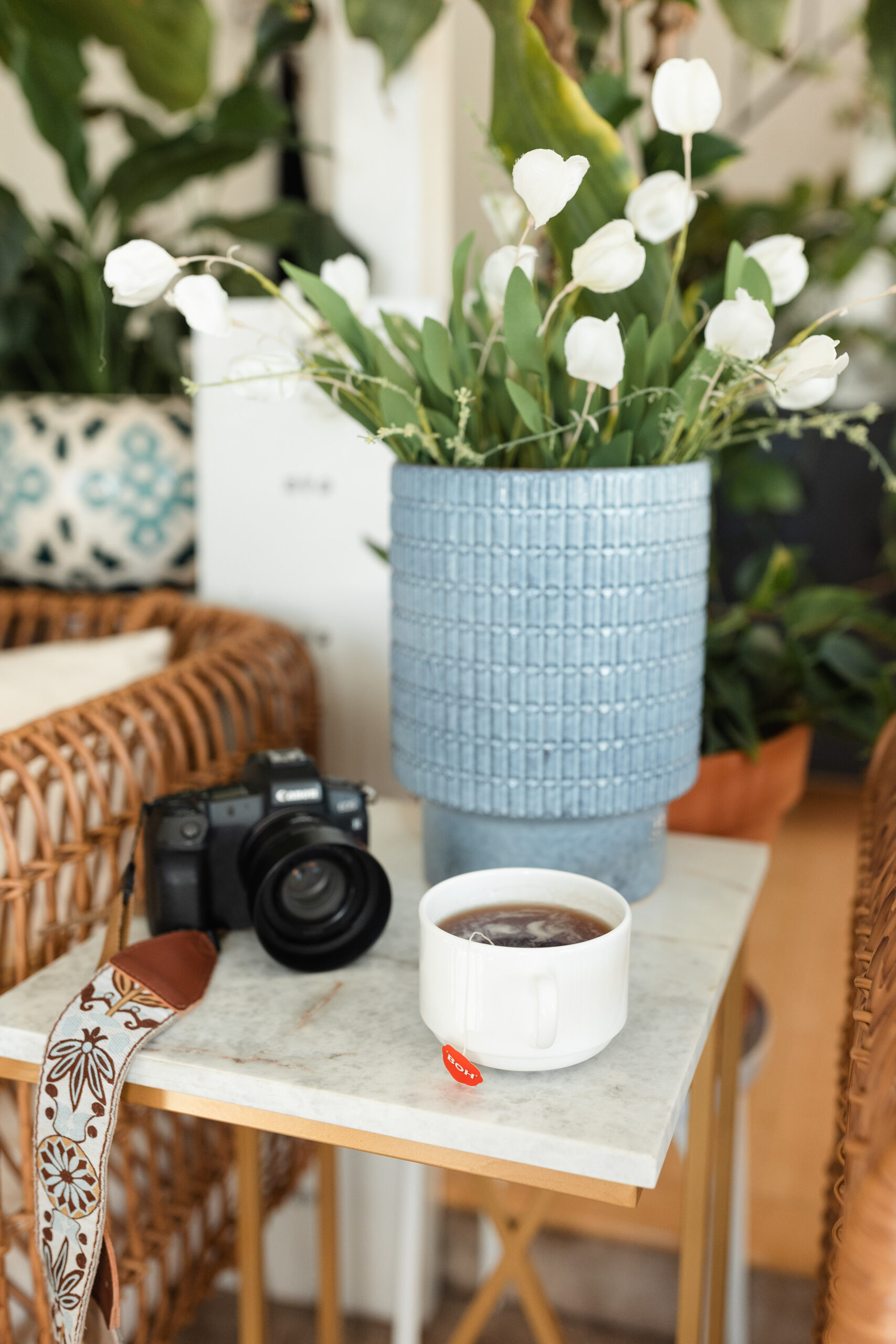 a mug of tea, DSLR camera, and vase of tulips sit on a table in a plant-filled home