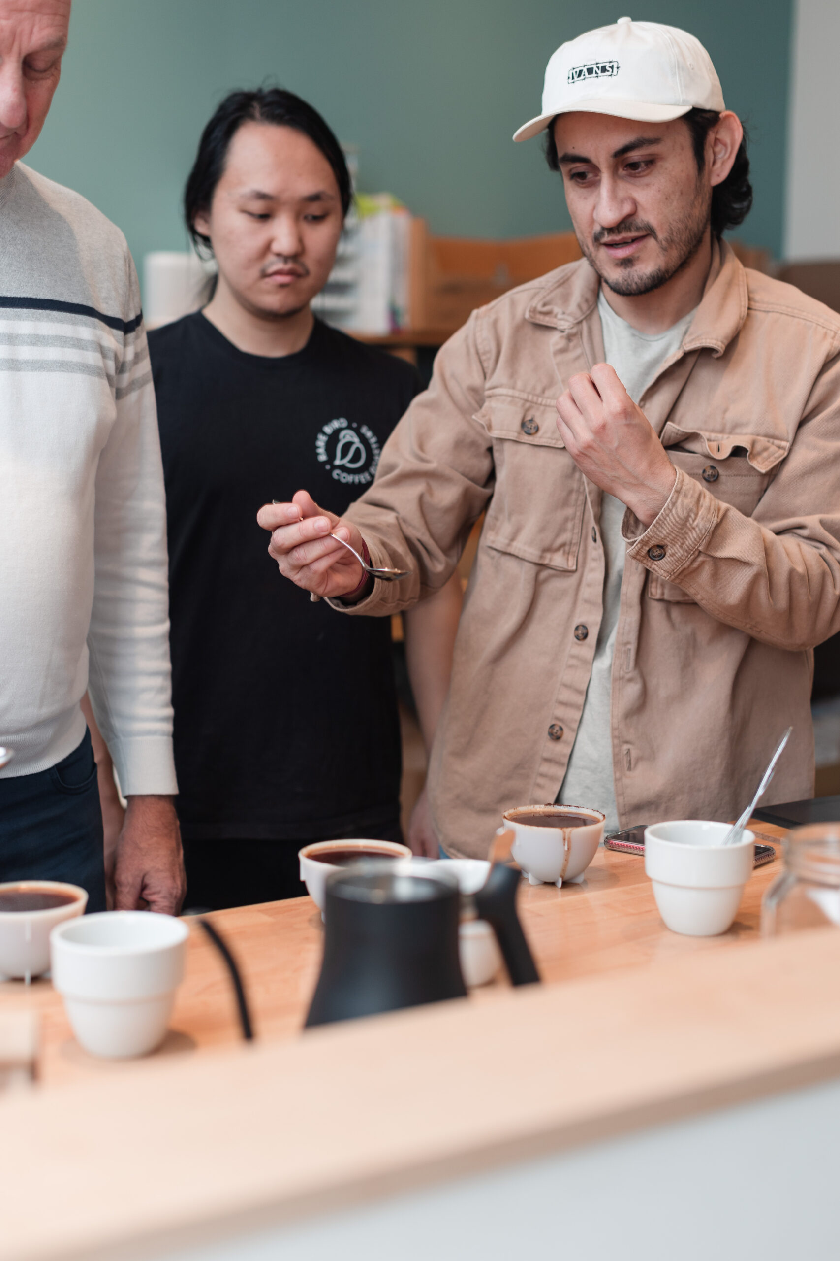 Marco of Rare Bird Coffee Roasters in Falls Church City, Virginia teaches during a cupping class