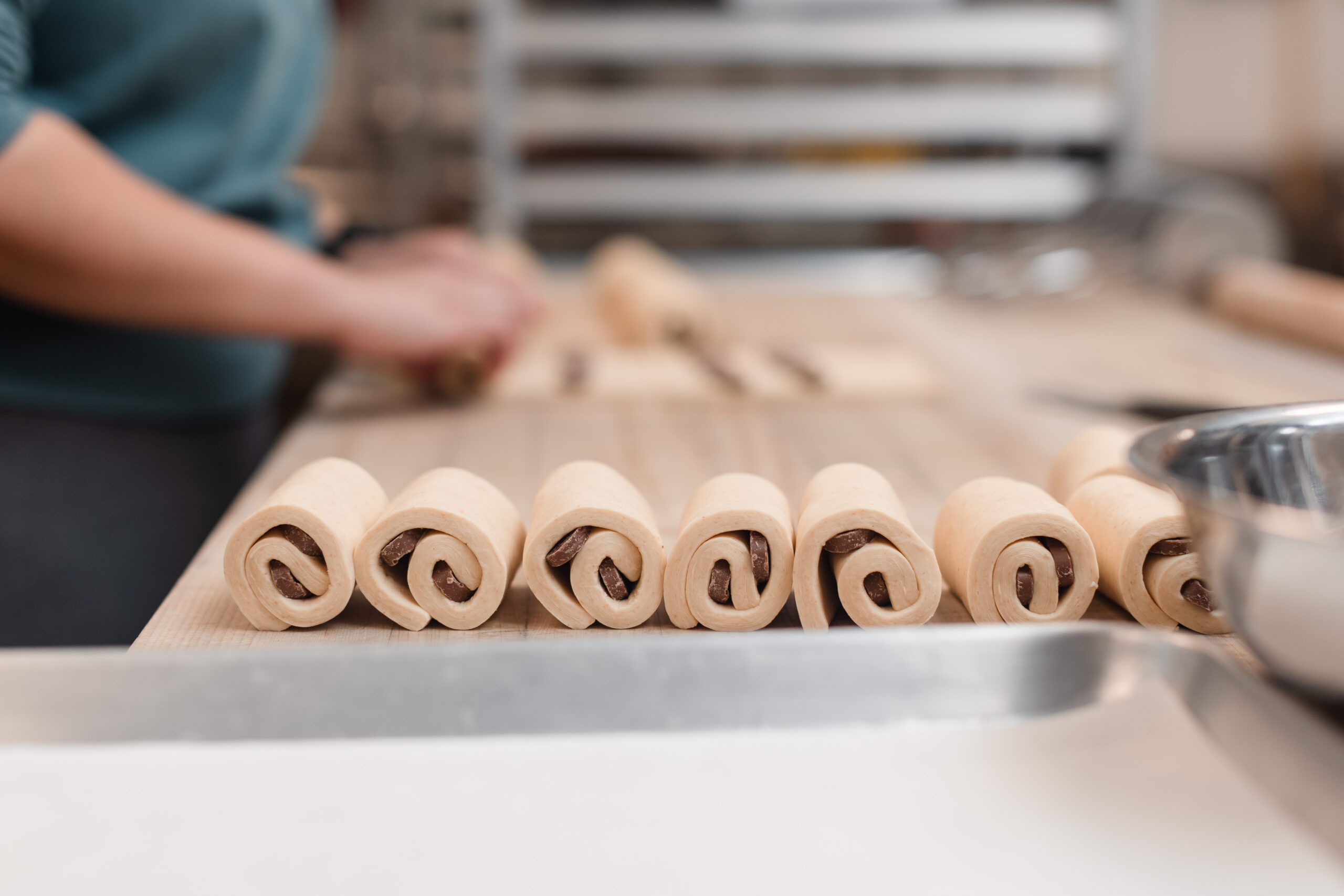 Chocolate croissants in the making