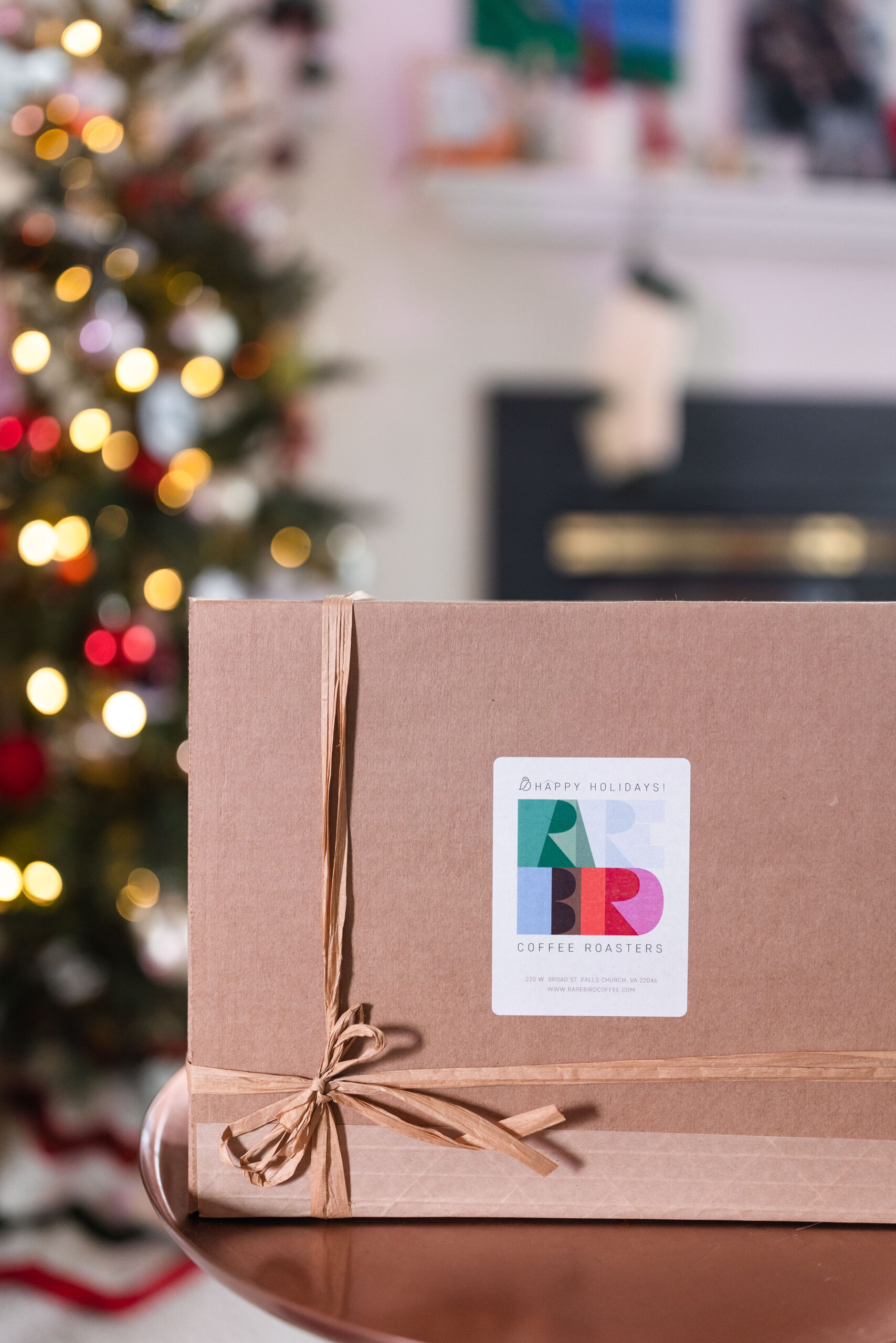 A Rare Bird Coffee Roasters holiday box looks beautiful amidst the holiday decorations and makes a perfect gift