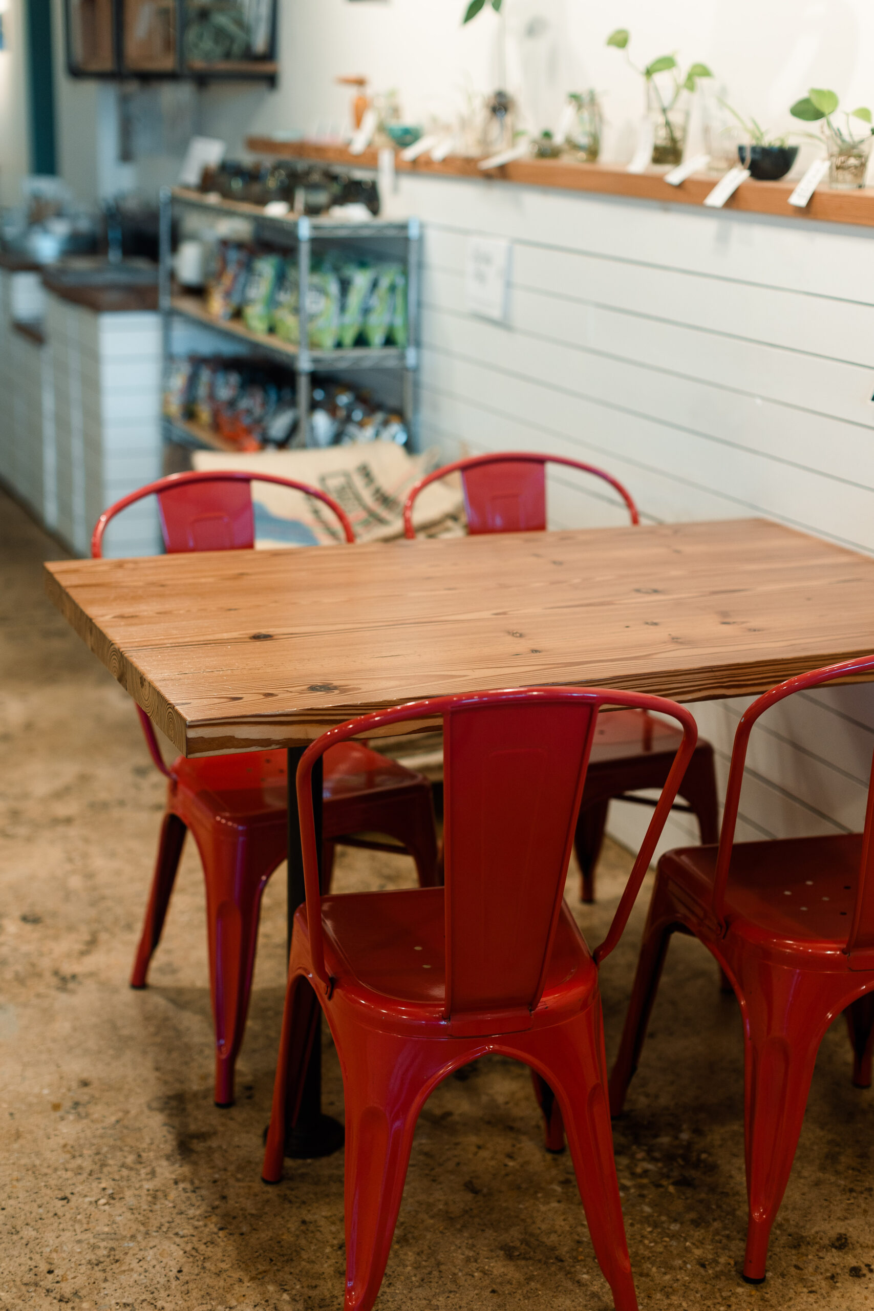 A cozy table for four at Rare Bird Coffee Roaster in Falls Church City, Virginia